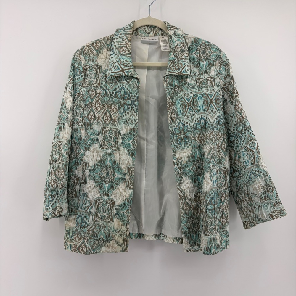 Alfred Dunner Womens 14P Teal Tan Geometric Crinkle Open Front Blazer Jacket